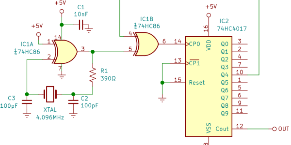 該設(shè)計(jì)使用基于 XOR 門的 Pierce 振蕩器，產(chǎn)生 455kHz 和 50% 占空比