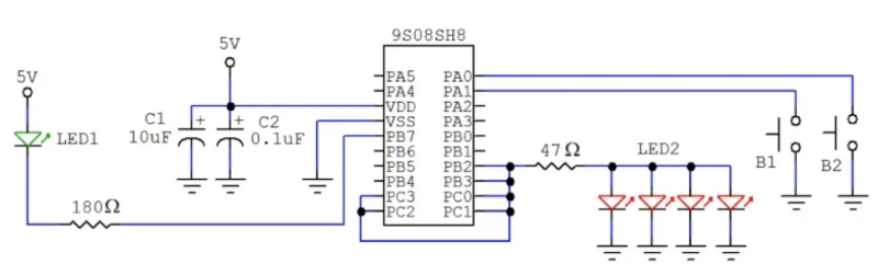 NXP 的 9S08SH8 微控制器的 GPIO 應(yīng)用。沒有外部振蕩器